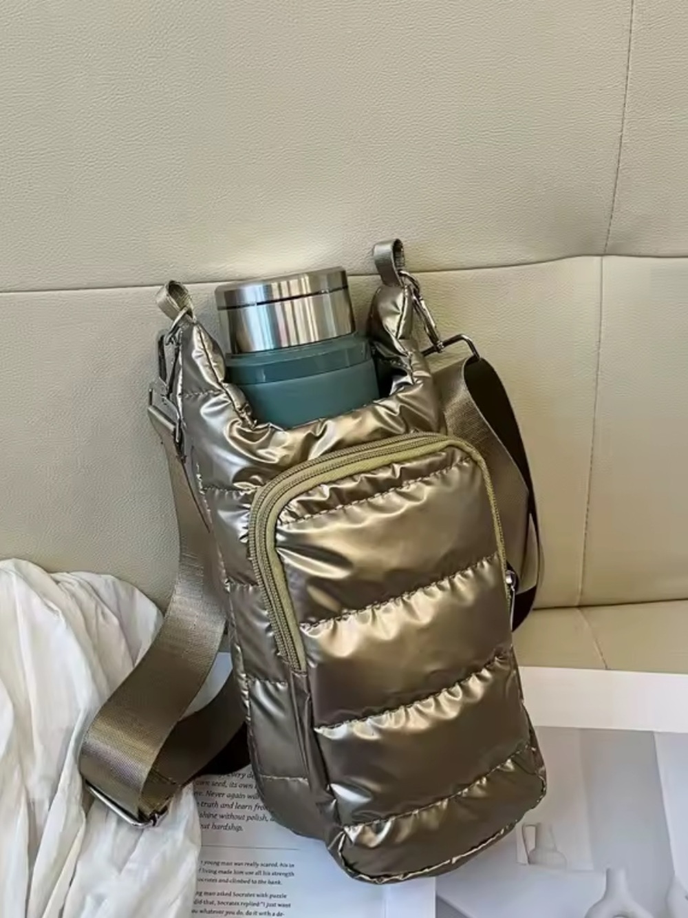 Metallic Puffer Crossbody Bottle Bag ( No bottle)